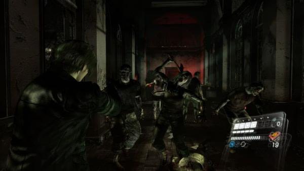 Resident Evil 6 screenshot: A character aims a gun at approaching zombies in a dimly lit, decrepit hallway.