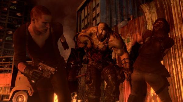 Resident Evil 6 screenshot showing two characters fleeing from a large mutated creature in a fiery urban environment.