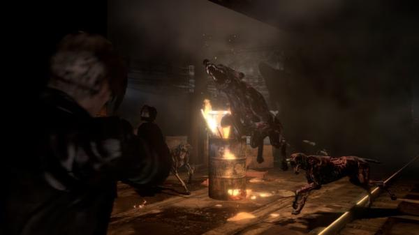 Resident Evil 6 screenshot: A character aims at attacking zombie dogs in a dark, smoky corridor with flaming barrels.