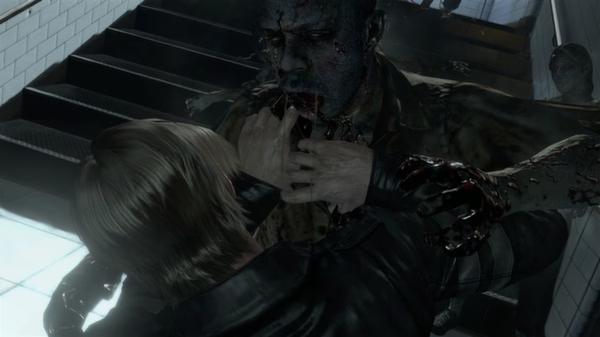Resident Evil 6 screenshot: A character in combat with a zombie on a dimly lit staircase, showcasing intense action.