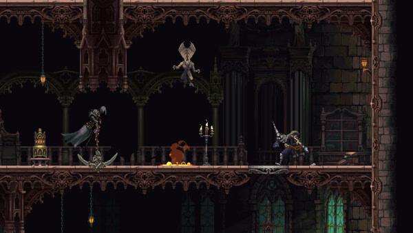 Blasphemous 2 screenshot: A cloaked figure confronts a knight in a gothic corridor, with a winged creature hovering above.