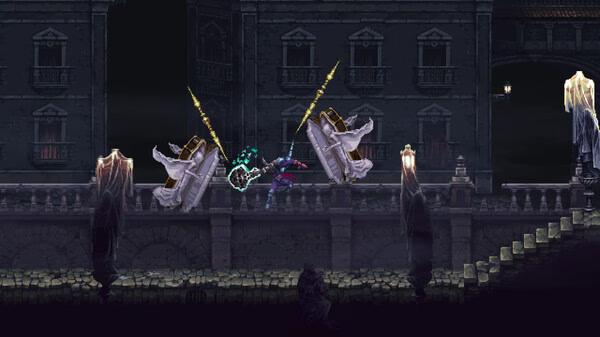 Blasphemous 2 screenshot: A character battles two ghostly enemies on a stone staircase in a dark, eerie environment.