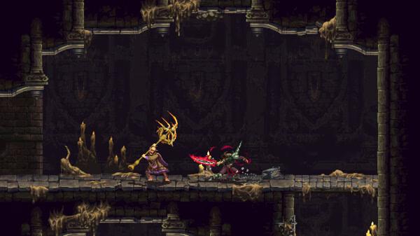 Blasphemous 2 screenshot: A warrior with a golden staff faces a beast wielding a red blade in a dark, gothic environment.