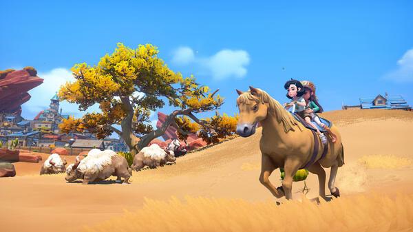 Screenshot from My Time at Sandrock showing a character riding a horse through a desert landscape with sheep and trees nearby.