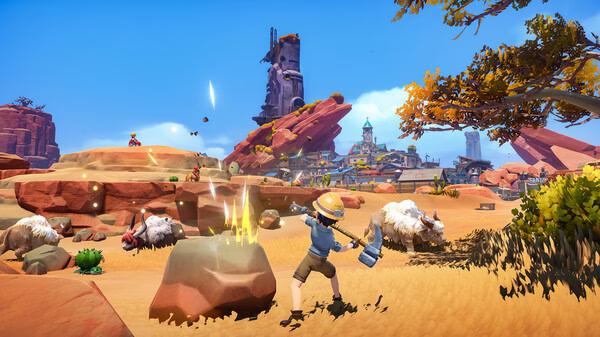 Screenshot from My Time at Sandrock showing a character mining in a desert landscape with a town in the background.