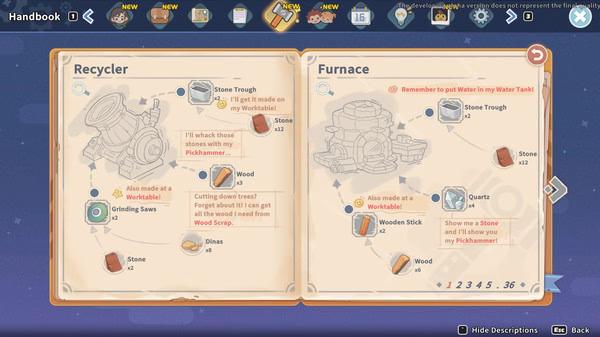 My Time at Sandrock screenshot showing a handbook page with crafting recipes for a recycler and furnace, including required materials.