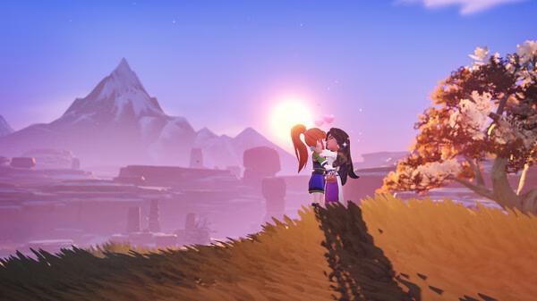 Screenshot from My Time at Sandrock showing two characters embracing on a hill with a scenic mountain and sunset in the background.