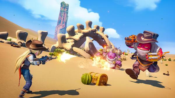 Screenshot from My Time at Sandrock showing a character in a desert firefight with two cowboy-themed enemies amidst large bones.