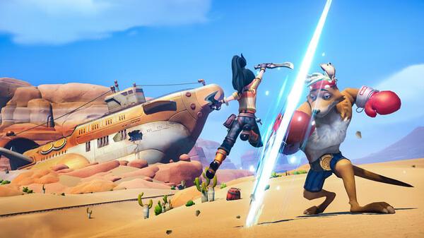 Screenshot from My Time at Sandrock: Character battles boxing kangaroo in desert, with train and mountains in background.