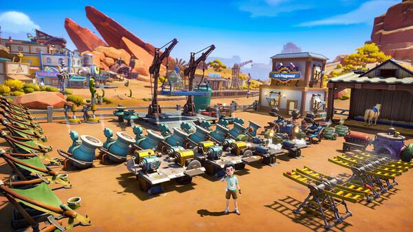 Screenshot of My Time at Sandrock showing a workshop area with machines, cranes, and a character standing in the foreground.