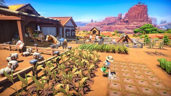 A screenshot from My Time at Sandrock showing a character watering crops near a barn with animals and a desert landscape in the background.