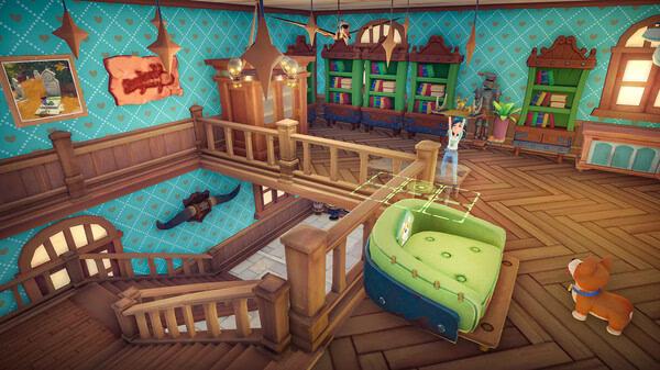 Screenshot from My Time at Sandrock showing a character standing in a cozy room with wooden stairs, green sofa, and bookshelves.