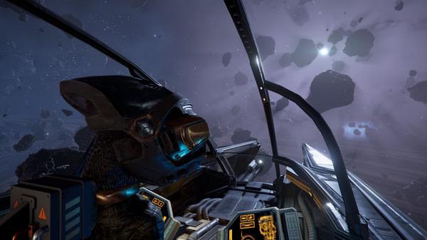 A screenshot from X4: Foundations showing a detailed cockpit view with asteroid-filled space visible through the canopy.