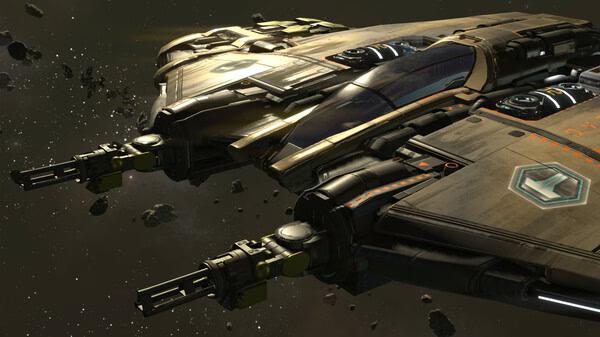X4: Foundations screenshot showing a detailed spaceship flying through an asteroid field in space.