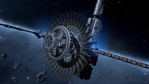 A screenshot from "X4: Foundations" showing a complex space station with rotating rings and a spaceship nearby amidst asteroids.