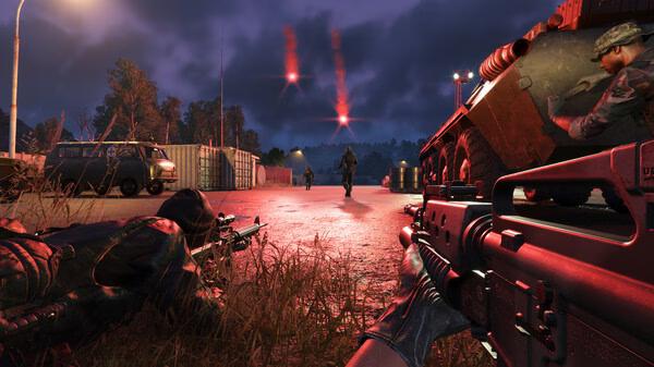 A nighttime Arma Reforger screenshot shows soldiers with rifles near an armored vehicle, flares illuminate the sky.