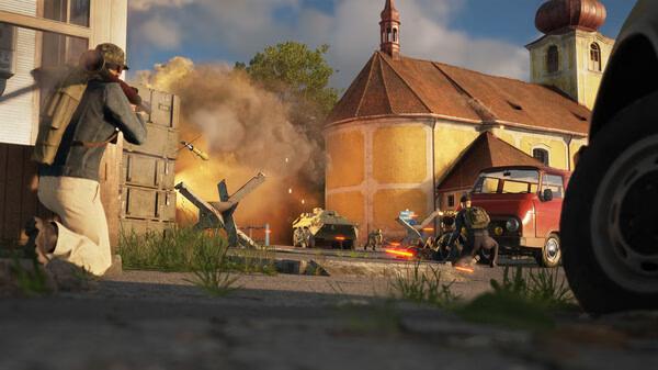 A screenshot from Arma Reforger showing soldiers in combat near a church, with vehicles and explosions in the background.
