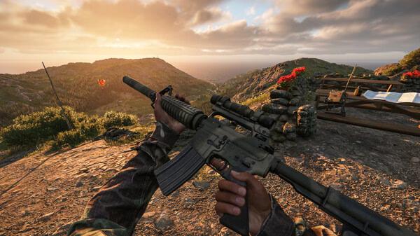 A screenshot from Arma Reforger showing a player holding a rifle outdoors, with a scenic sunset and a fortified position visible.