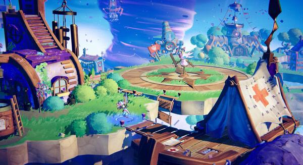 Screenshot from Windblown showing a colorful village with houses, a tent, and a giant purple tornado in the background.