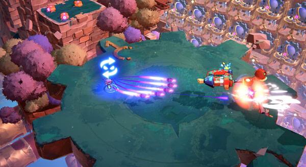 Screenshot from Windblown: A character battles a robot on a floating platform amid colorful, surreal scenery.