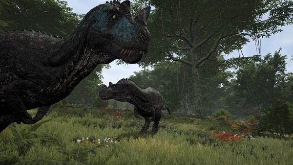 Screenshot from The Isle showing two dinosaurs roaming a lush forest landscape with dense greenery and colorful flowers.