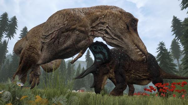 Screenshot from The Isle showing a large dinosaur attacking a smaller one in a grassy field with trees and flowers in the background.