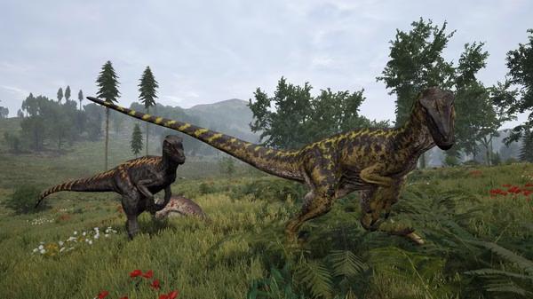 Screenshot from The Isle showing two dinosaurs running through a grassy field with trees and mountains in the background.