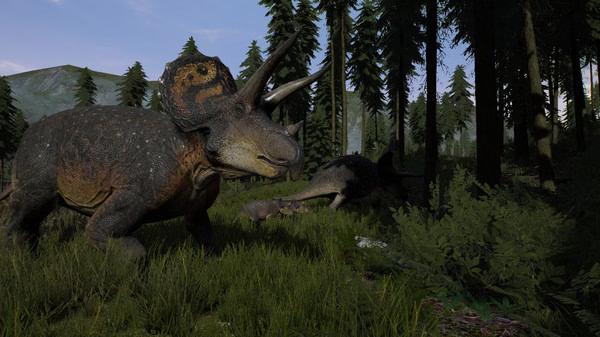 A screenshot from The Isle shows a Triceratops walking through a lush forest, with another dinosaur visible in the background.