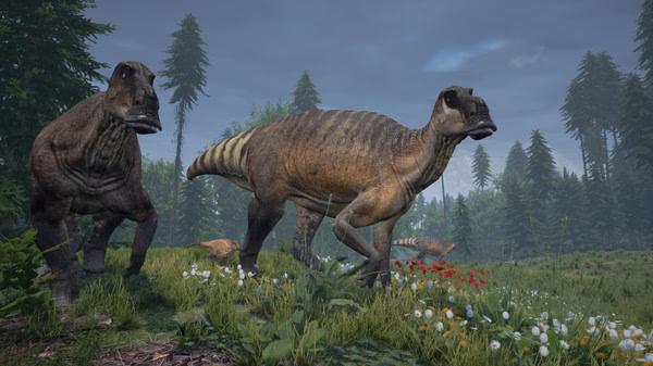Screenshot from The Isle shows several large dinosaurs walking through a lush forest landscape with scattered flowers.