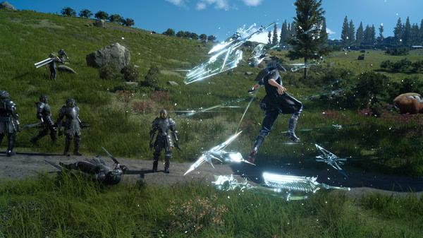 Screenshot from FINAL FANTASY XV WINDOWS EDITION showing a character mid-air surrounded by soldiers in a lush, grassy landscape.