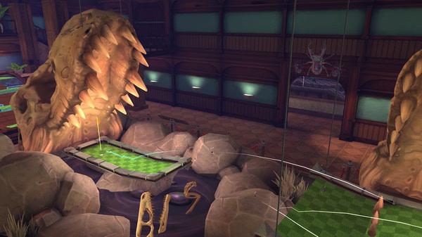 Screenshot from 'Golf With Your Friends' showing a mini-golf course surrounded by giant dinosaur bones in a dimly lit room.