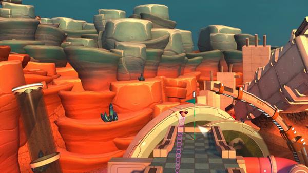 Screenshot from "Golf With Your Friends" showing a desert-themed course with winding paths and orange rock formations.