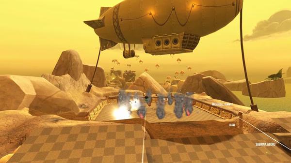 Screenshot from Golf With Your Friends showing golf balls flying over a checkered course with a large airship in the background.