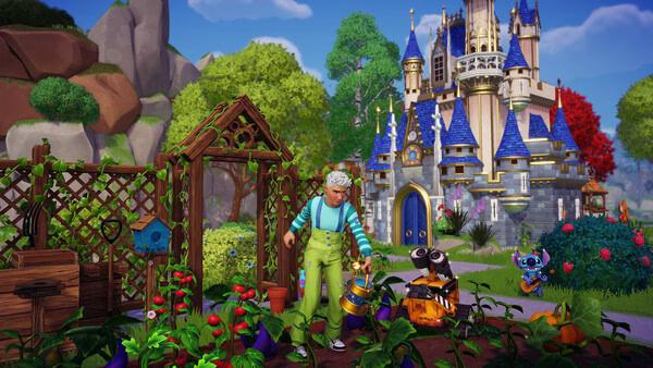 Disney Dreamlight Valley screenshot: A character gardening with a watering can, surrounded by plants, near a castle with blue roofs.