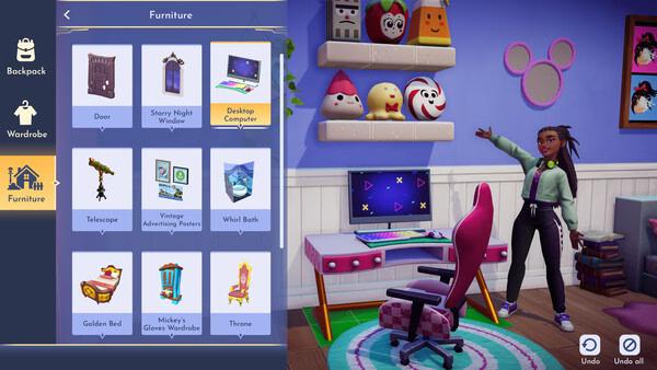 Screenshot from Disney Dreamlight Valley showing a character in front of a desk with a computer, browsing furniture options.