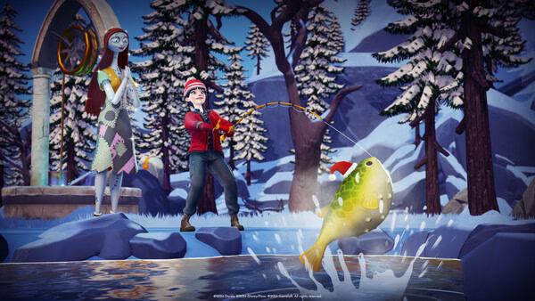 Disney Dreamlight Valley screenshot: A player fishes in a snowy forest, reeling in a holiday-themed fish near a festive character.