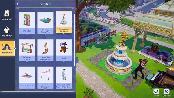 Disney Dreamlight Valley screenshot showing the furniture menu and a character near an Enchanting Fountain in a colorful garden.