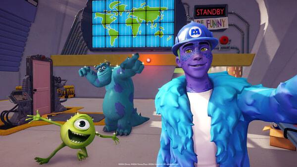 Screenshot of Disney Dreamlight Valley showing Mike, Sulley, and a player character in a Monsters, Inc.-themed room.