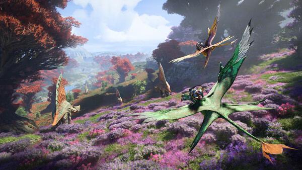 Screenshot from Avatar: Frontiers of Pandora showing characters flying on vibrant creatures over a colorful, lush landscape.