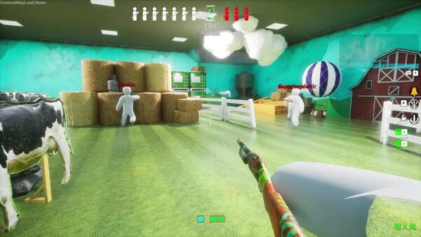 Screenshot from MECCHA CHAMELEON showing a player aiming at white figures near hay bales and a barn in a vibrant farm setting.