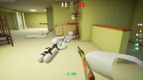 Screenshot from MECCHA CHAMELEON showing a player aiming a colorful weapon at stick figure characters in a room.