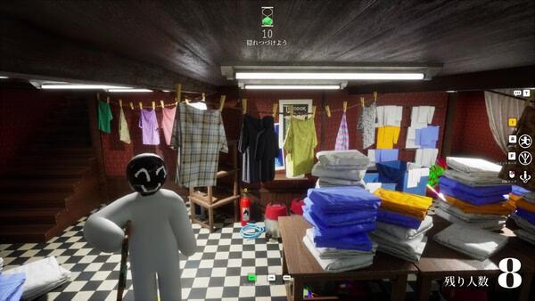 Screenshot from MECCHA CHAMELEON showing a character in a laundry room filled with folded clothes and hanging garments.