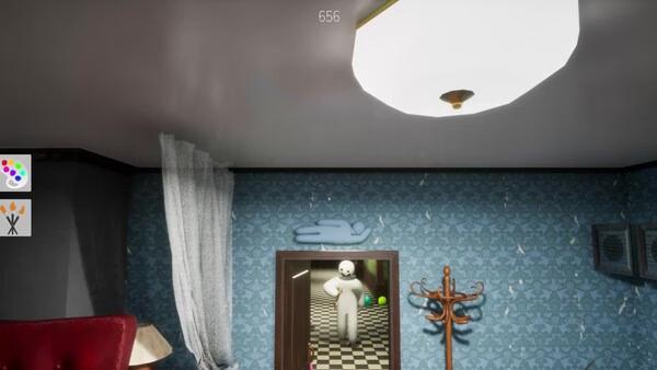 Screenshot from MECCHA CHAMELEON showing a room interior with a coat rack and a doorway leading to a checkered floor and a snowman.