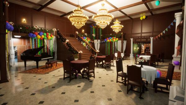 Screenshot from MECCHA CHAMELEON: A grand ballroom decorated with colorful balloons and streamers, featuring a piano and dining tables.