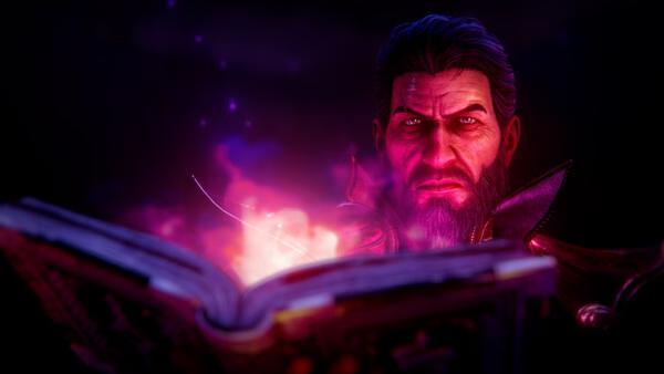 Diablo II: Resurrected screenshot showing a character reading a glowing book with purple and pink magical effects.