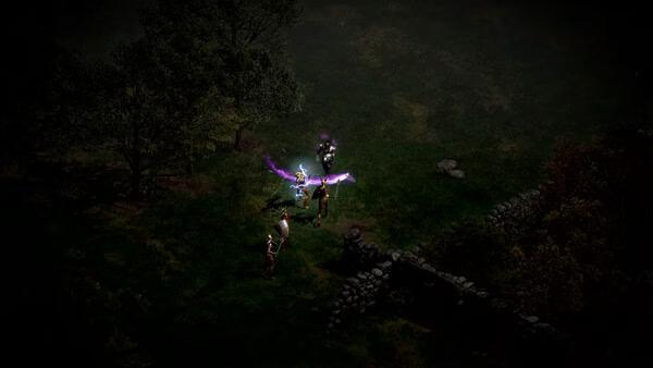 Diablo II: Resurrected screenshot: Three characters in a grassy area, one wielding a glowing purple weapon near a stone wall and trees.