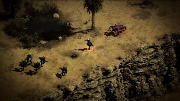 Screenshot from Diablo II: Resurrected shows a desert landscape with creatures and a purple demon engaged in battle.