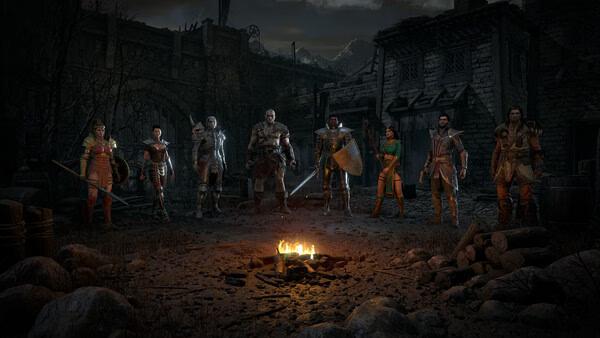 A screenshot from Diablo II: Resurrected showing seven character classes standing around a campfire in a dark, ruined setting.