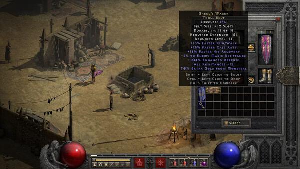 Diablo II: Resurrected screenshot featuring a character browsing inventory items in a desert town setting.