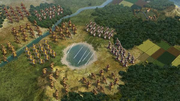 Screenshot from Sid Meier's Civilization V showing an army of warriors surrounding a small pond near fields and forests.